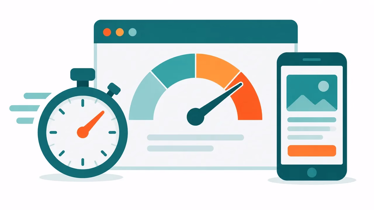 Browser window with a speed gauge, stopwatch and phone illustrating website performance and Core Web Vitals