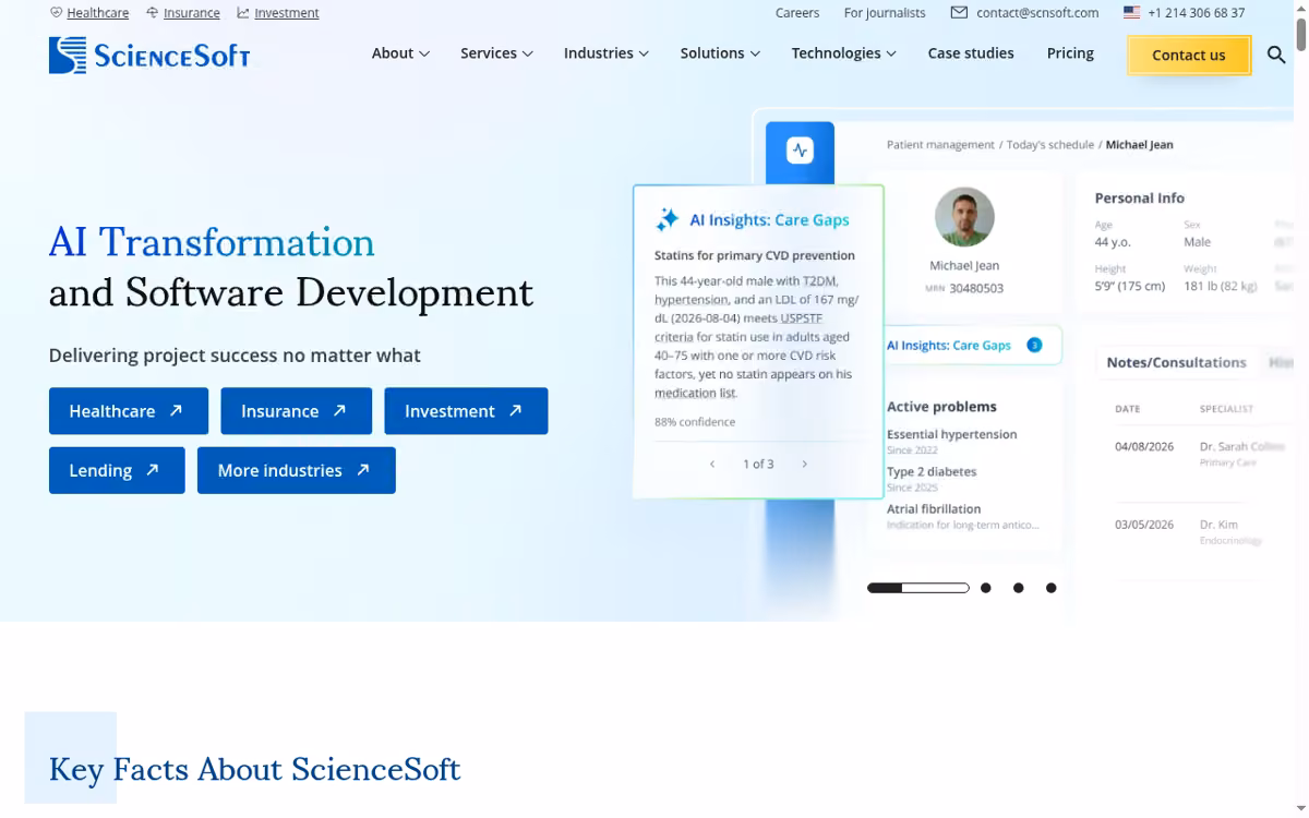 ScienceSoft desktop homepage showing its current brand and services