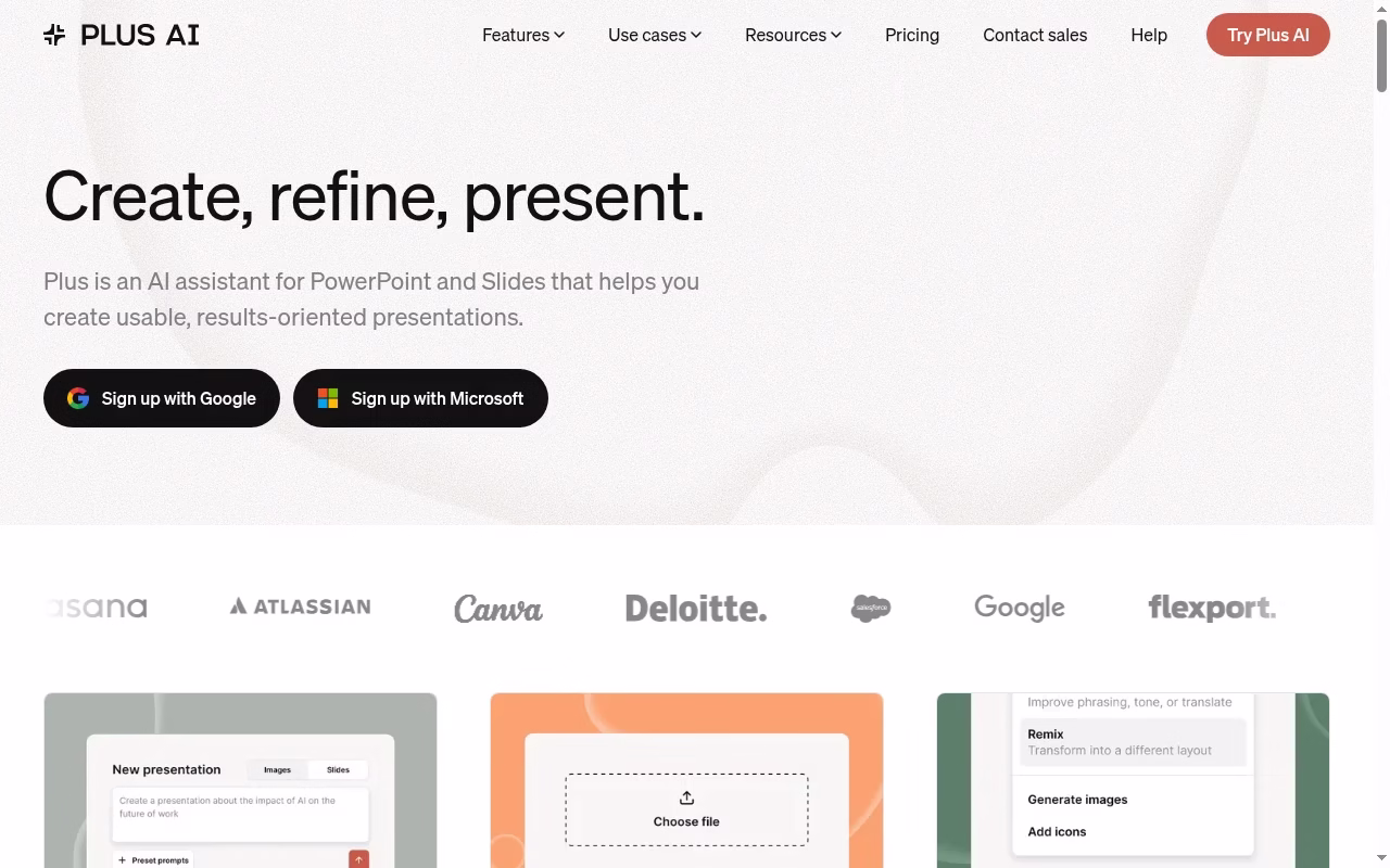 Plus AI official website hero showing PowerPoint and Google Slides workflows