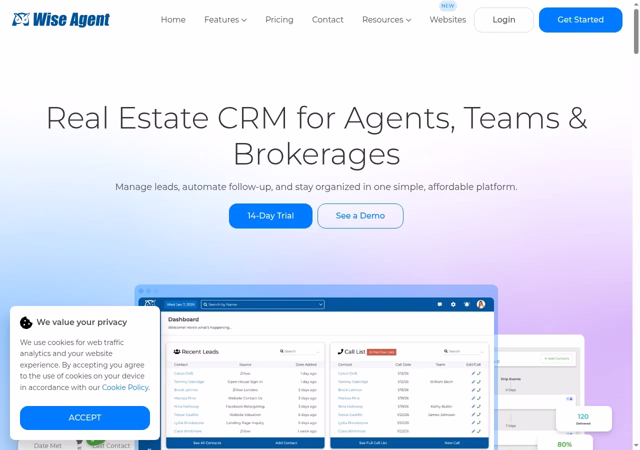 Wise Agent official website hero showing its CRM product positioning