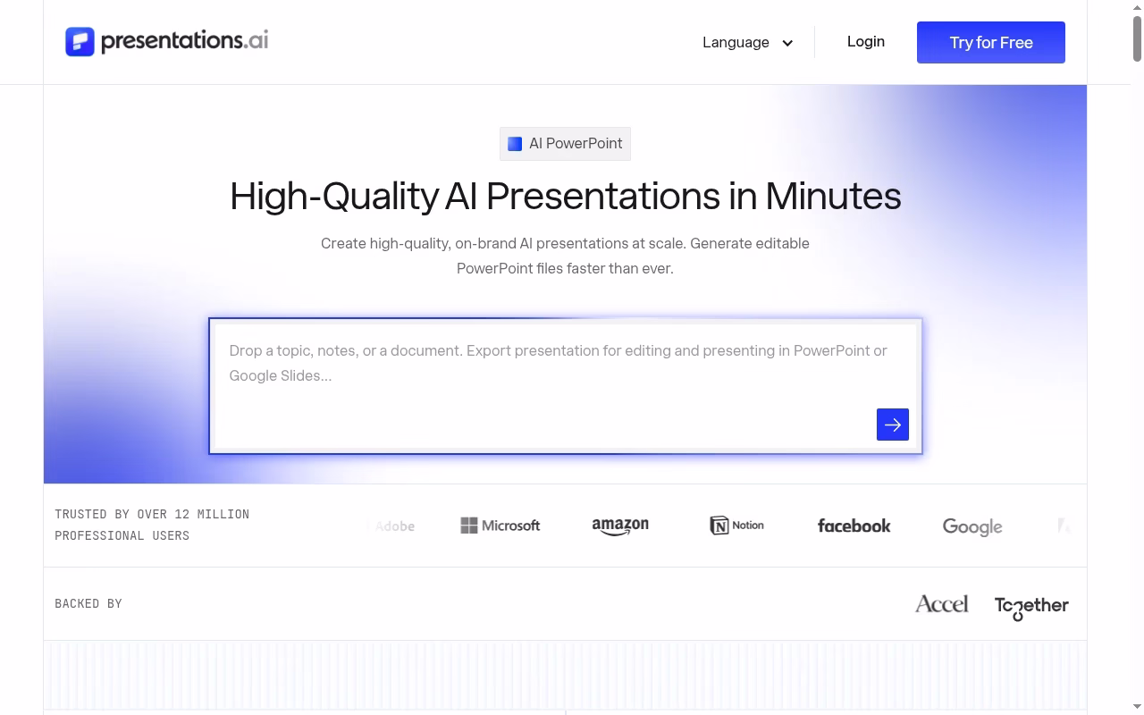 Presentations.AI official website hero showing business-deck generation