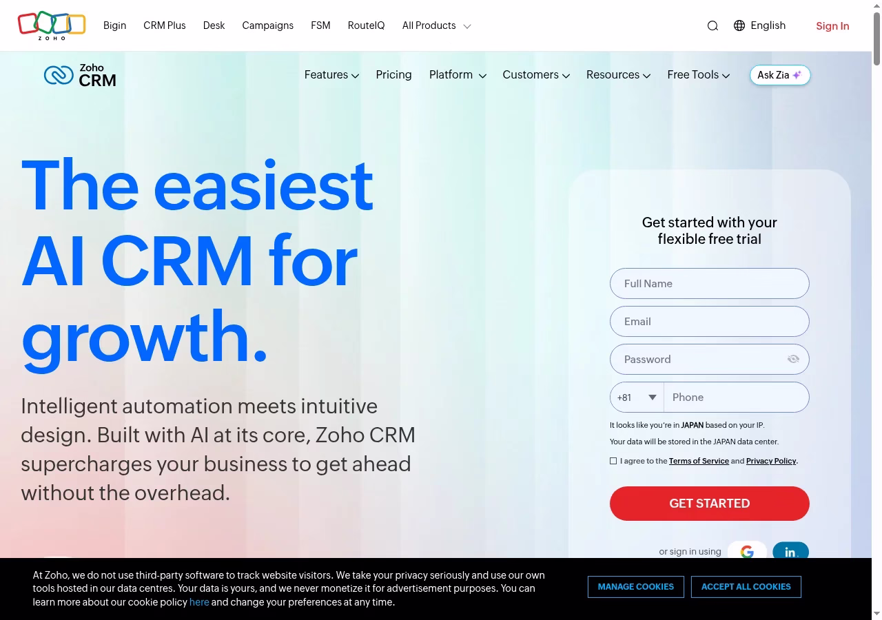 Zoho CRM official website hero showing its CRM product positioning