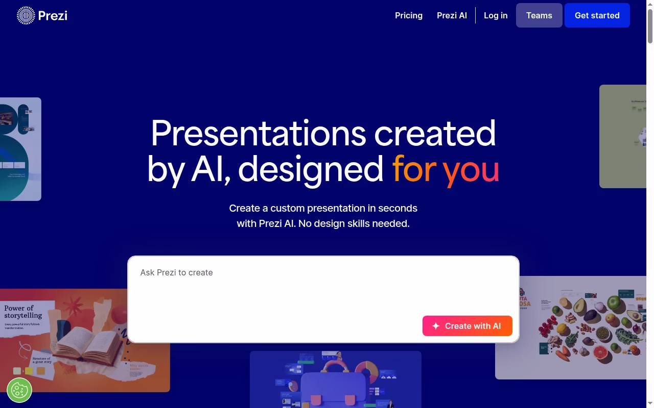 Prezi AI official website hero showing nonlinear visual stories