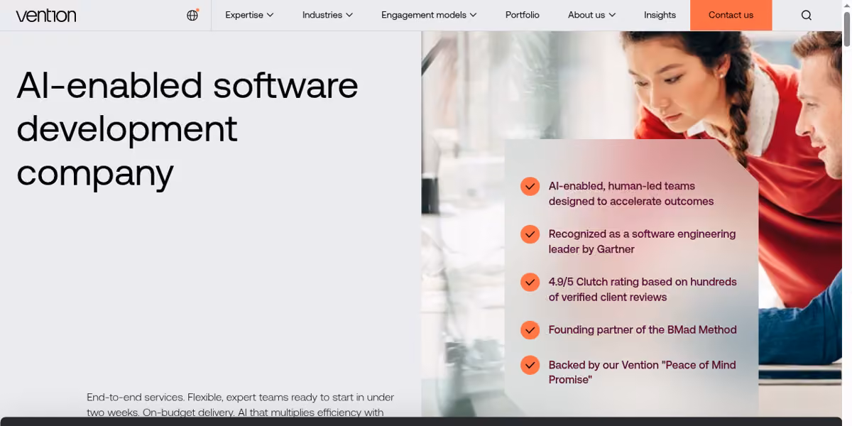 Vention desktop homepage showing its current brand and services