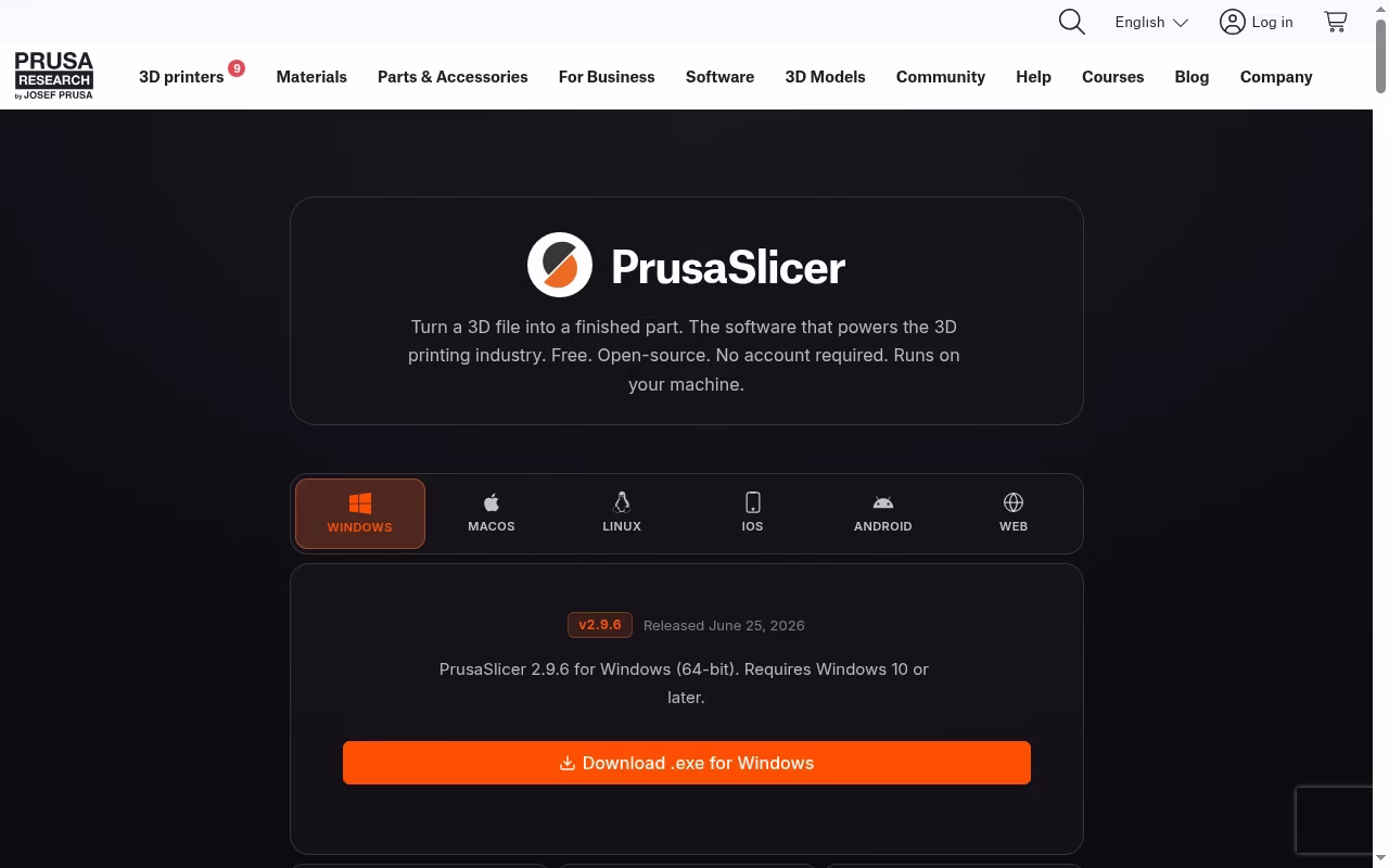 PrusaSlicer official website hero showing filament slicing with established profiles