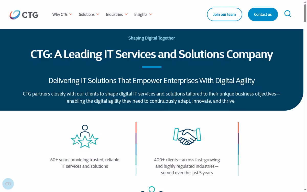 CTG (former Eleviant site) desktop homepage showing its current brand and services