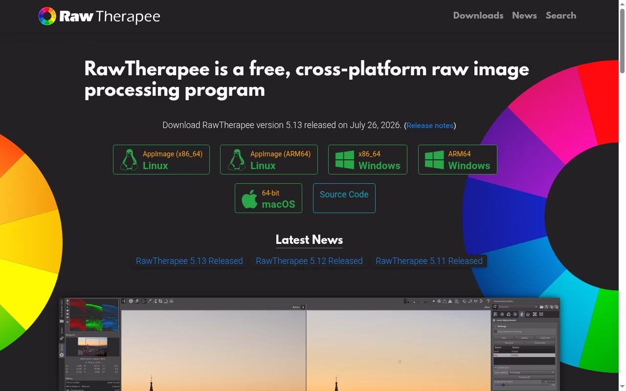 RawTherapee official website hero showing detailed free RAW processing