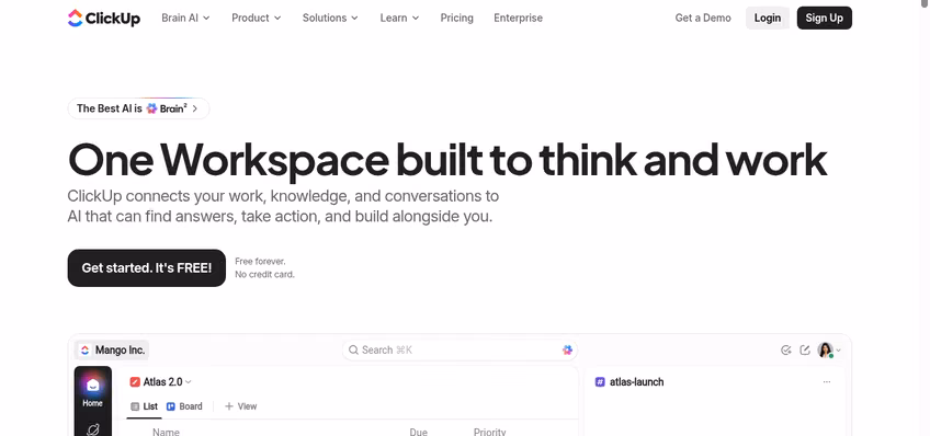 ClickUp homepage presenting one app for tasks, docs, and goals