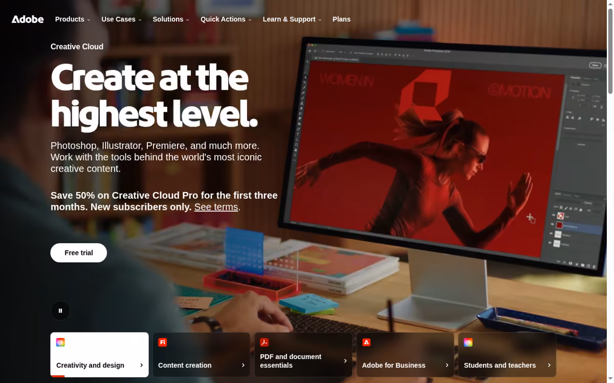 Adobe Inc. desktop homepage showing its current brand and services