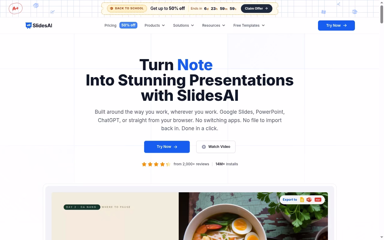 SlidesAI official website hero showing notes-to-slides in familiar apps