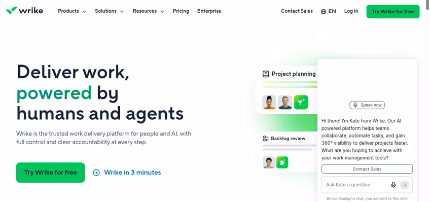 Wrike homepage presenting work management for teams and agencies
