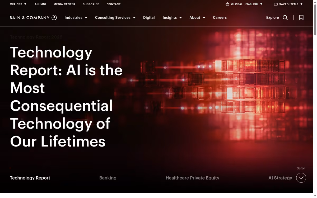 Bain & Company desktop homepage showing its current brand and services