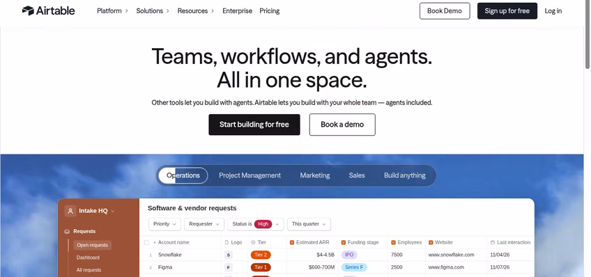 Airtable homepage presenting its app platform for building on shared data