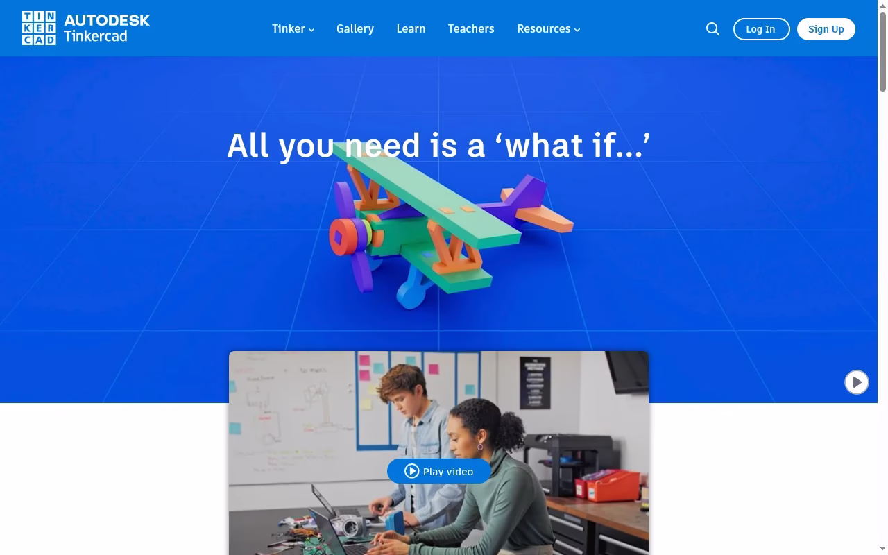 Tinkercad official website hero showing beginner modeling