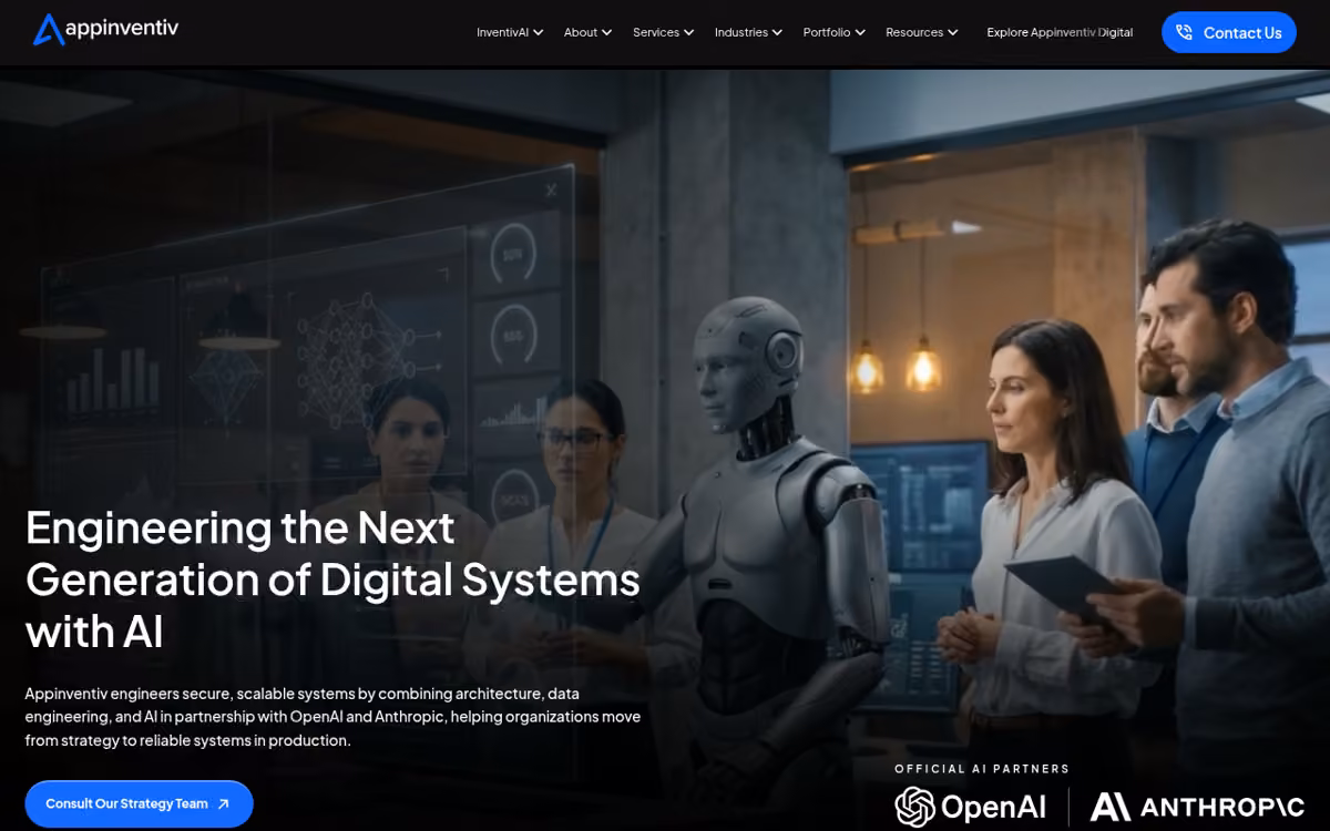 Appinventiv desktop homepage showing its current brand and services