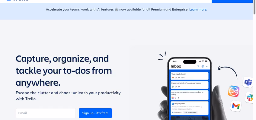 Trello homepage presenting simple kanban boards for team projects
