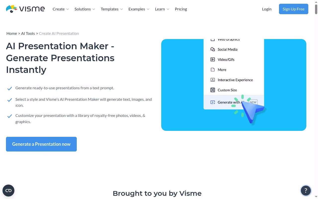 Visme official website hero showing presentations plus visual communication