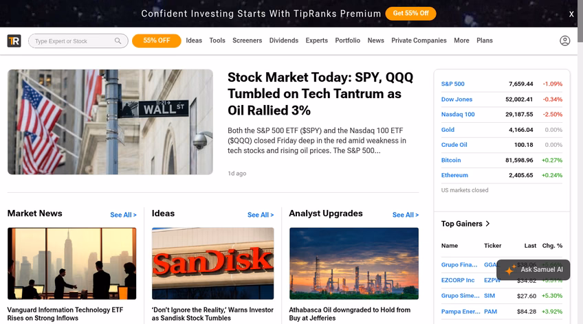 TipRanks homepage with stock market news, analyst upgrades, and a premium offer