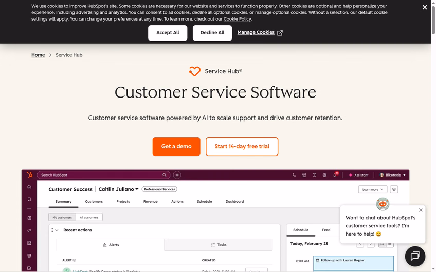 HubSpot Service Hub homepage for its AI-powered customer service software