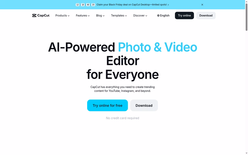 CapCut homepage offering an all-in-one video editor to try online for free with no credit card required