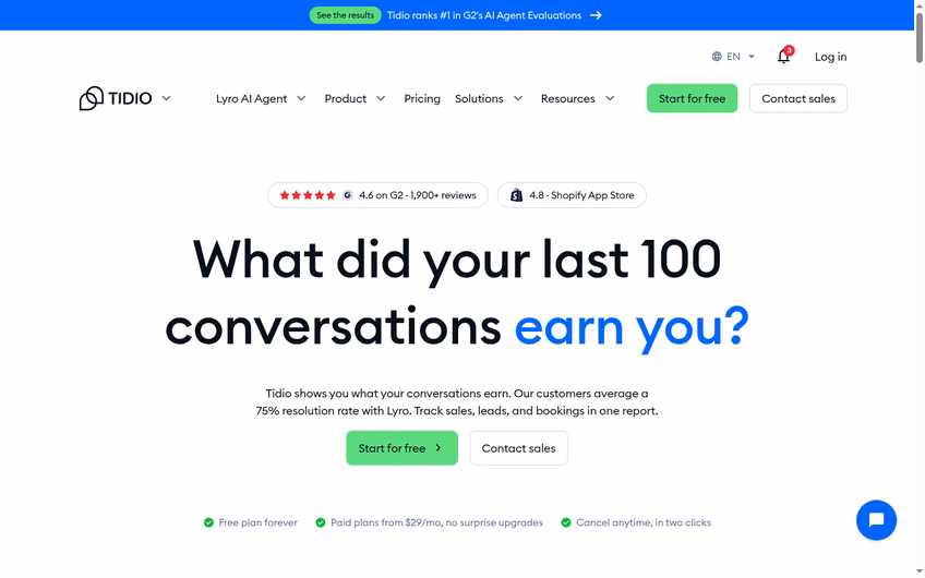 Tidio homepage offering a free plan forever with paid plans from twenty-nine dollars a month and the Lyro AI agent