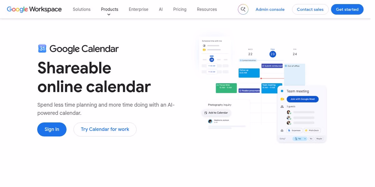 Google Calendar page with the heading Shareable online calendar