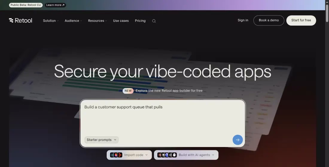 Retool homepage for building secure internal applications