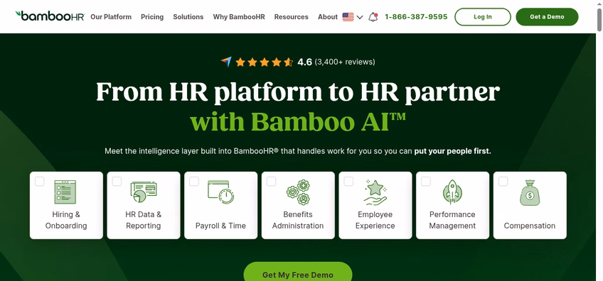 BambooHR homepage introducing Bamboo AI as an intelligence layer for HR work