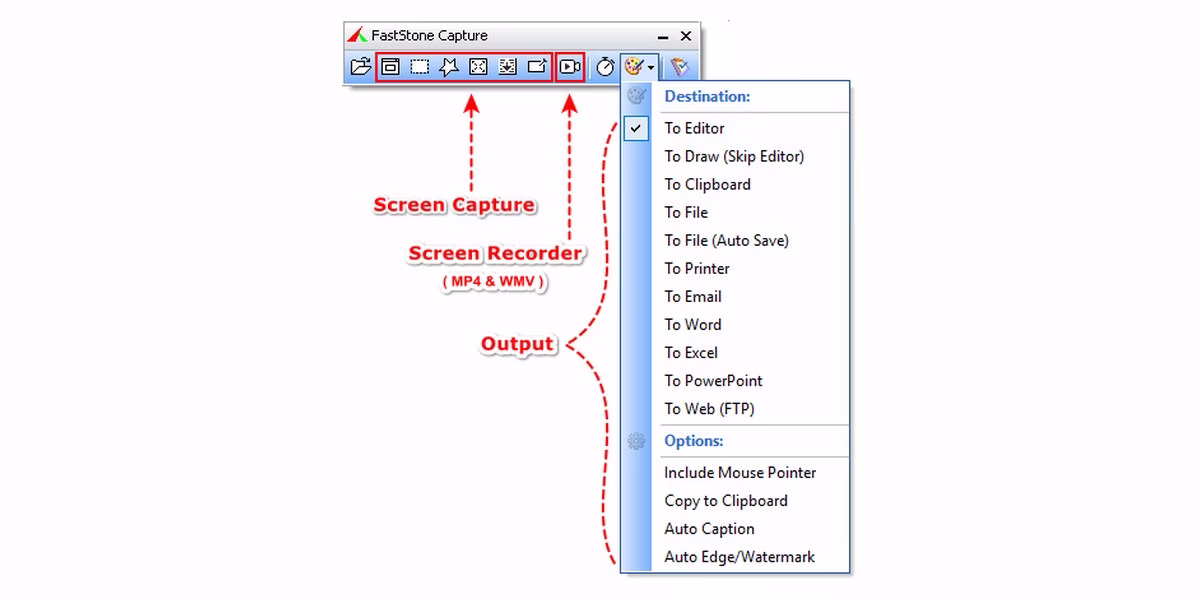 FastStone Capture main window with capture options and a screen recorder toolbar