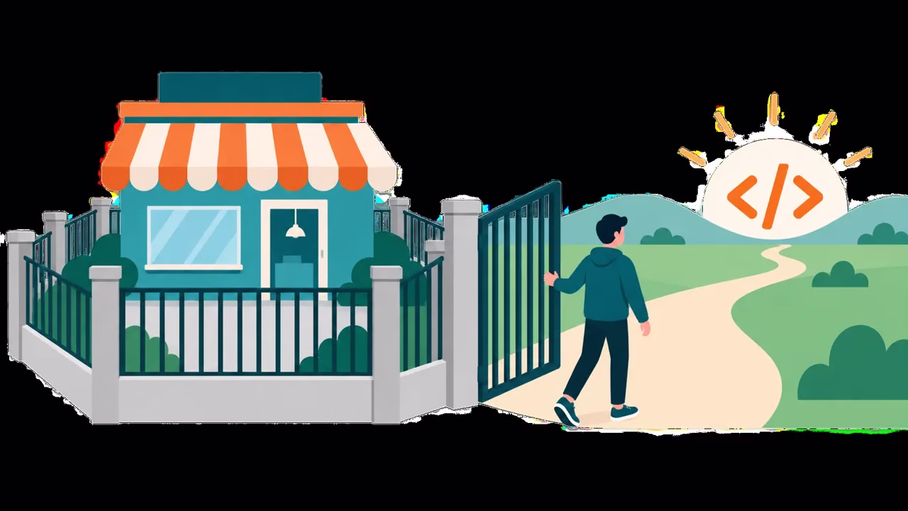 Illustration of a shop inside a fenced boundary with a gate opening onto an open path marked with code brackets