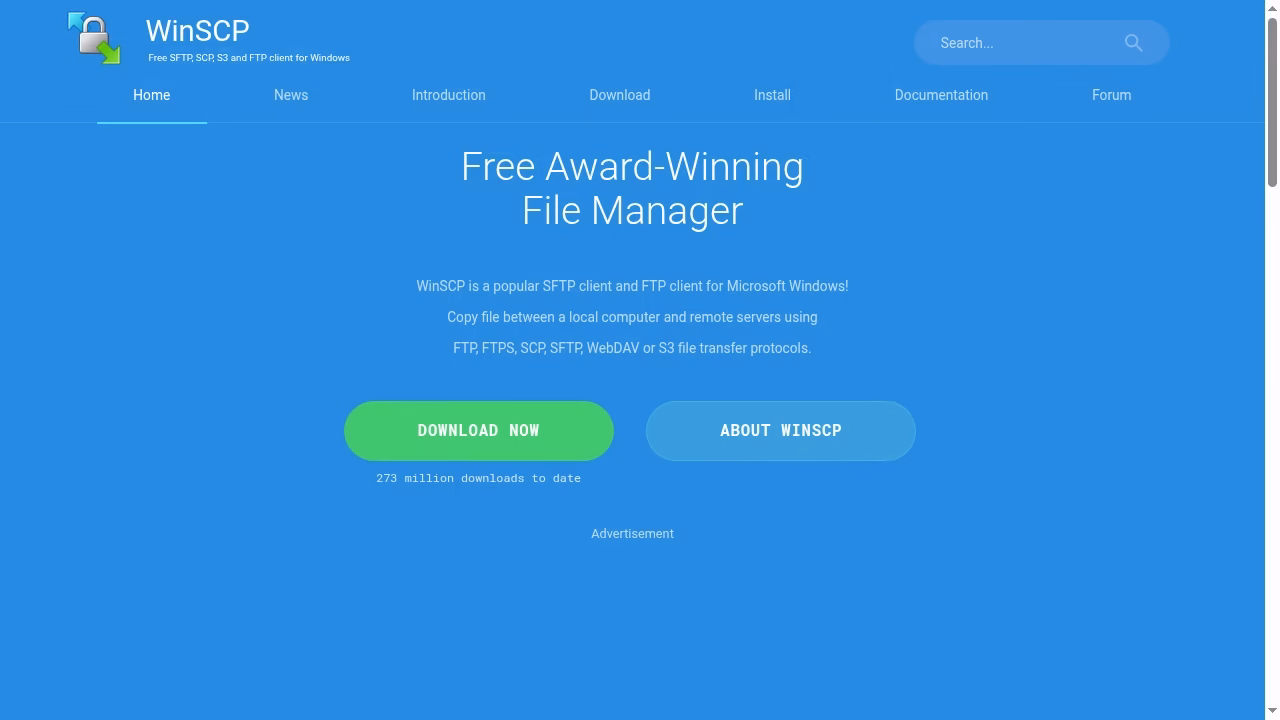 WinSCP official homepage describing secure file transfer for Windows