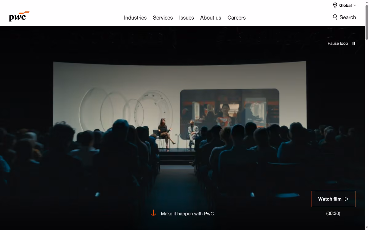 PwC desktop homepage showing its current brand and services