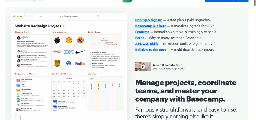 Basecamp homepage presenting its refreshingly simple project management