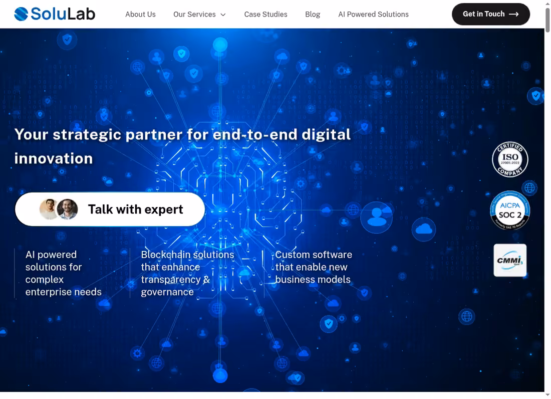 SoluLab desktop homepage showing its current services