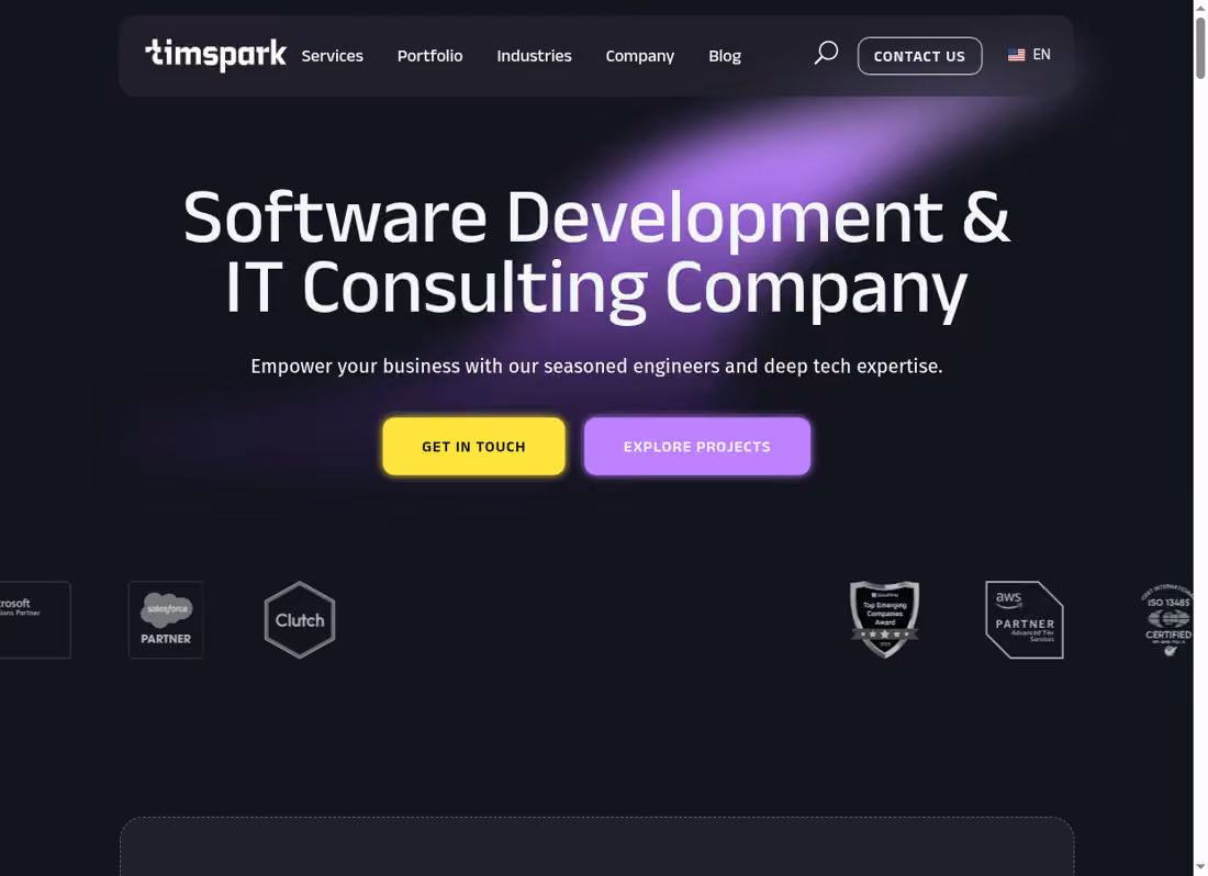 Timspark desktop homepage showing its current services