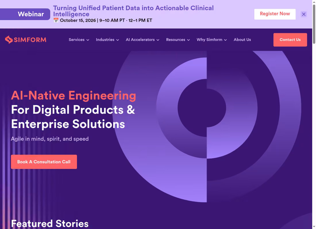 Simform desktop homepage showing its current services