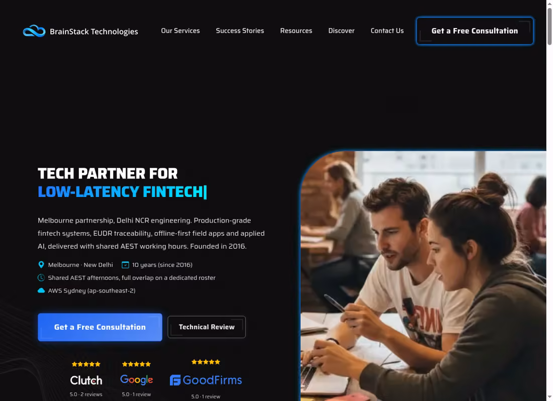 Brainstack Technologies desktop homepage showing its current services