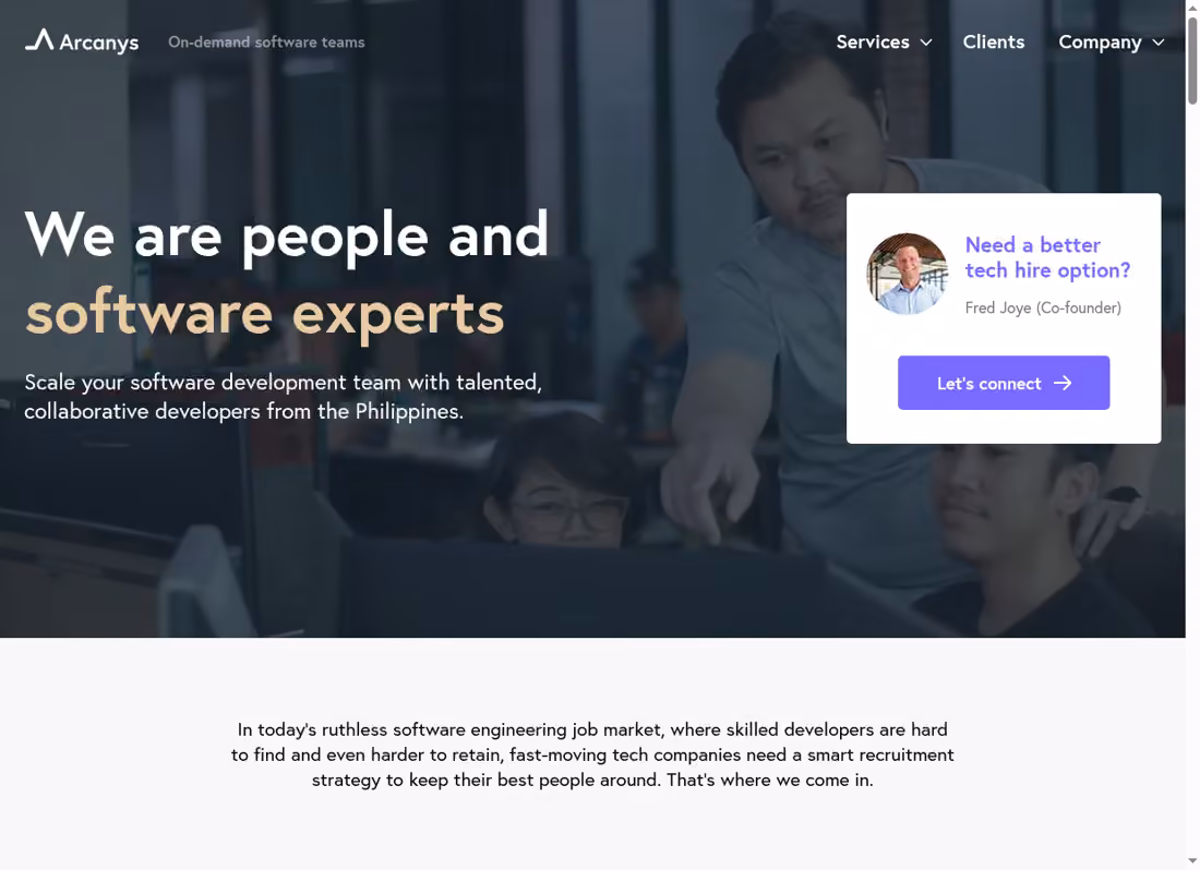 Arcanys desktop homepage showing its current services