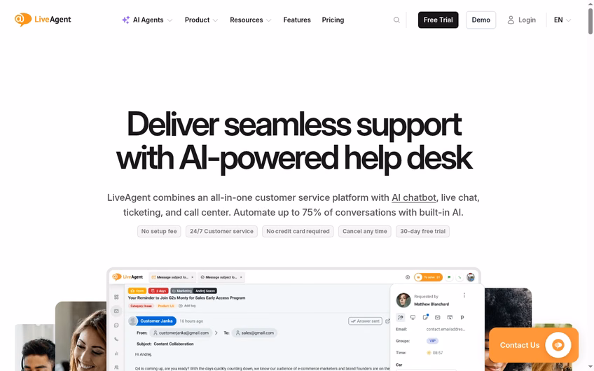 LiveAgent homepage for its AI-powered help desk with ticketing, live chat, and call center