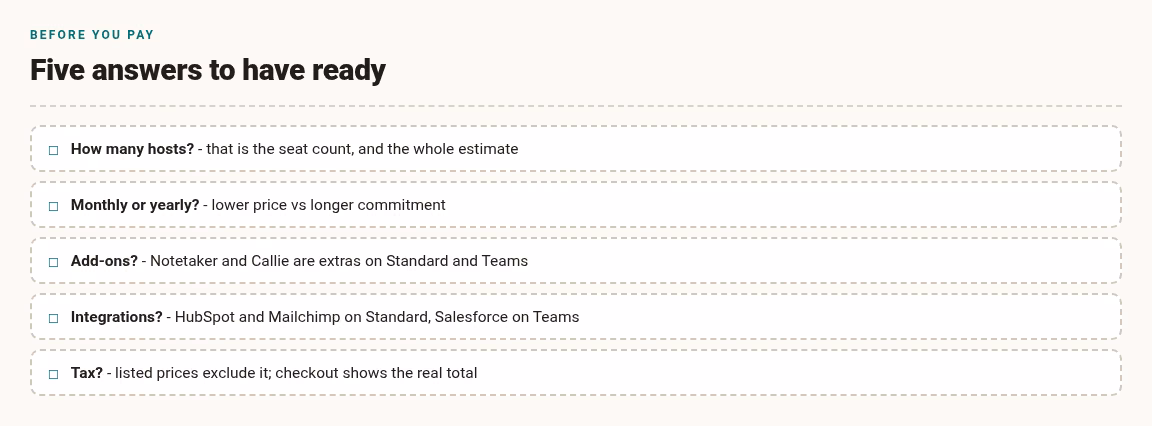 Checklist of five answers to have ready before paying for Calendly: host count, billing period, add-ons, integrations and tax