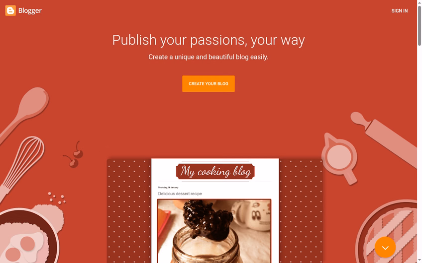 Blogger landing page in October 2026, with the headline Publish your passions, your way