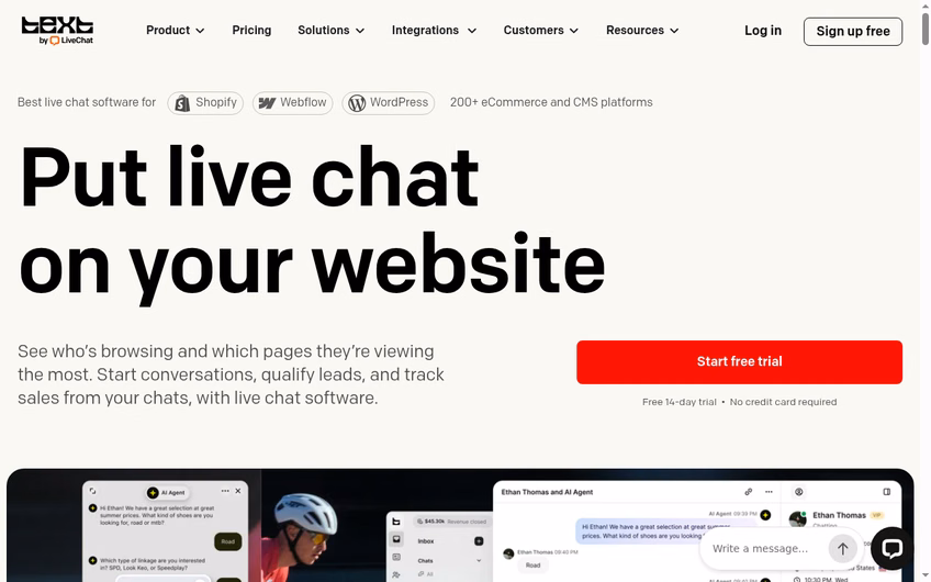 LiveChat homepage offering live chat software with a free 14-day trial and integrations for 200 plus platforms
