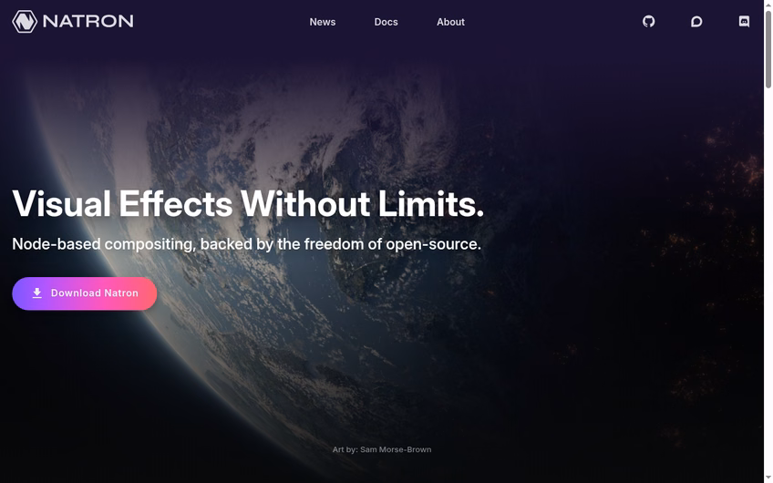 Natron project page describing open-source node-based compositing software for visual effects