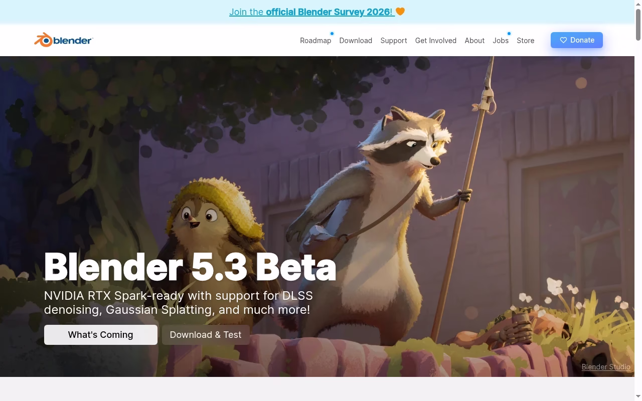 Blender official website hero showing organic shapes and mesh editing