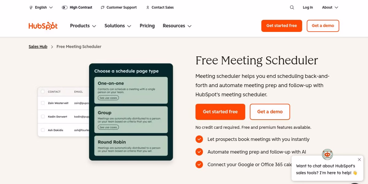 HubSpot Free Meeting Scheduler page showing one-on-one, group and round robin schedule page types