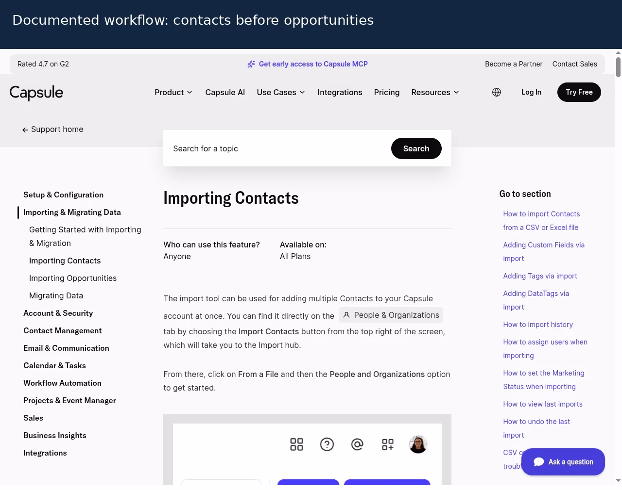 Annotated Capsule official contact-import documentation showing the People and Organizations import route