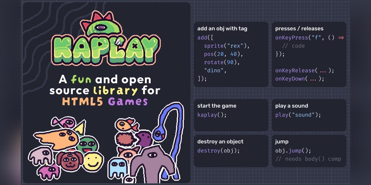 KAPLAY homepage banner with mascots and code snippets for an HTML5 game library