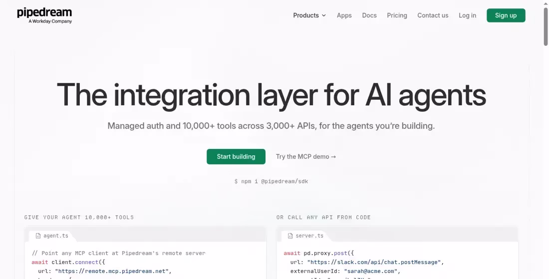 Pipedream homepage showing the integration layer for AI agents