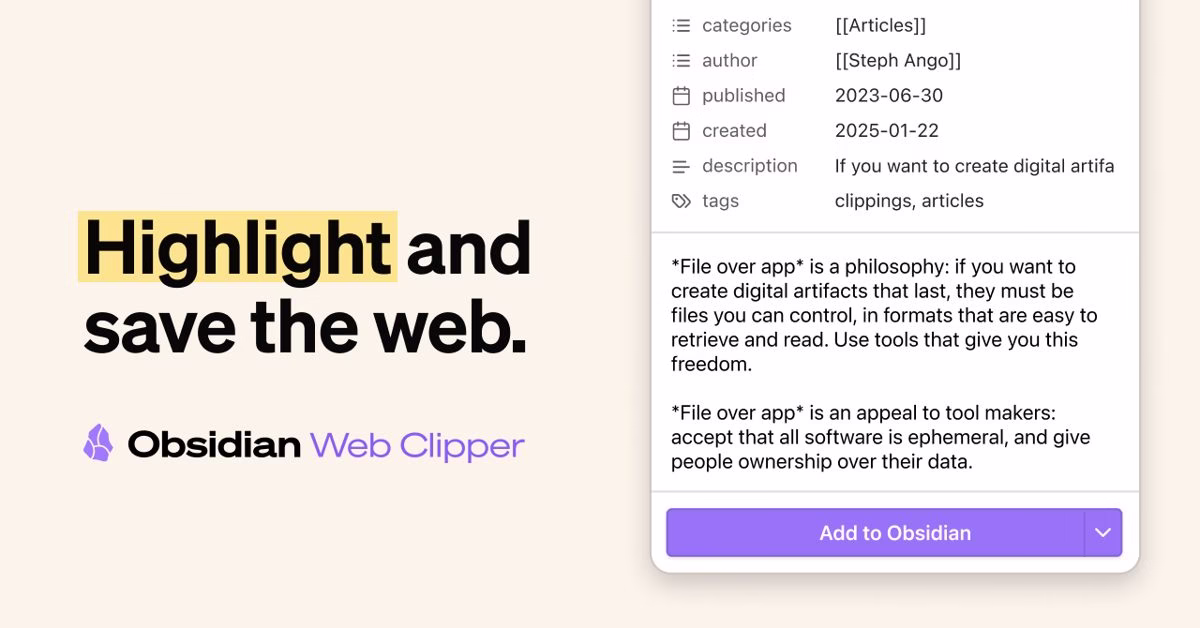 Obsidian Web Clipper banner showing a browser extension capturing a web page