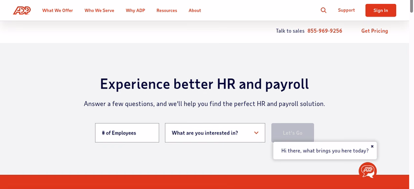 ADP homepage highlighting 1.1 million clients and payroll and HR solutions by business size